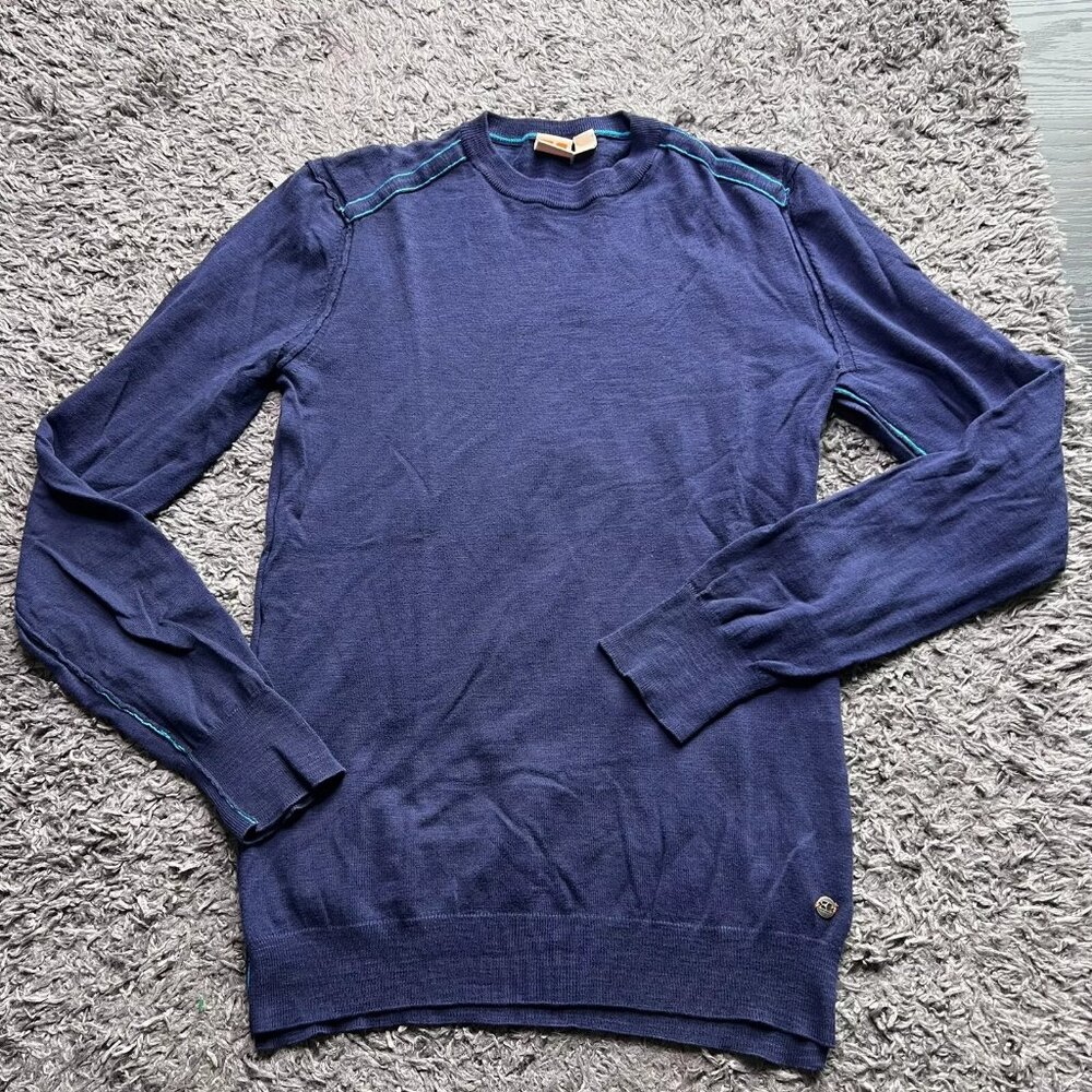 Hugo Boss Orange Sweater Mens Small Blue Knit Long Sleeve Pullover Logo Casual